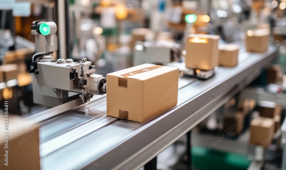 Cardboard boxes moving on conveyor belt. Cardboard boxes moving on conveyor belt.