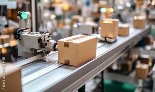 Cardboard boxes moving on conveyor belt.