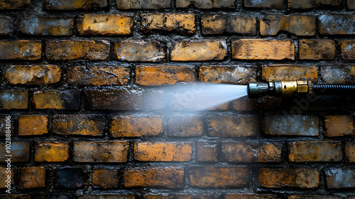 High-pressure water spray on a textured brick wall. photo