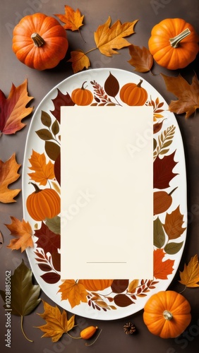 Fall border with pumpkins, pinecones, and colorful leaves on a blank background, ideal for autumn-themed invitations