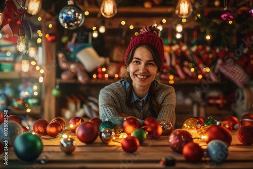 A cheerful shopkeeper arranges colorful holiday ornaments on a wooden table illuminated by warm string lights background with empty space for text photo