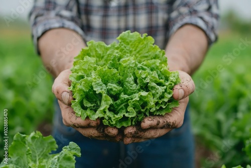 Close-up of Muddy Hands Holding Fresh Green Lettuce