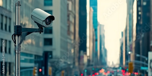 Security camera mounted on a pole in a city street. photo