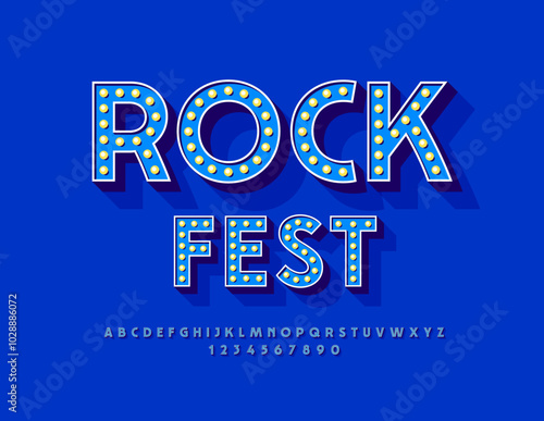 Vector event flyer Rock Fest. Electric Lamp Font. Light Bulb Alphabet Letters and Numbers for Entertainment Marketing.