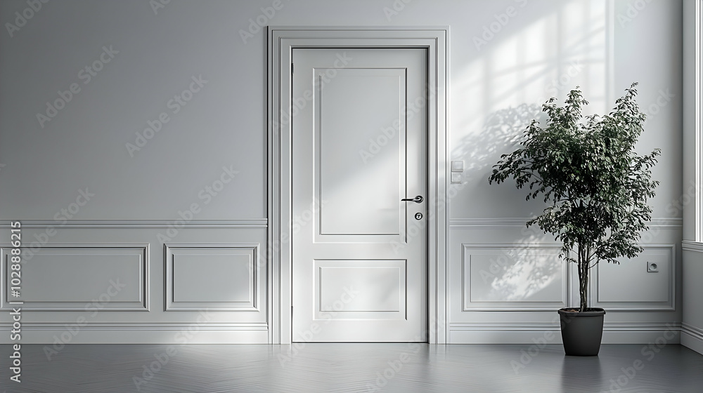 A minimalist interior featuring a white door and potted plant. A minimalist interior featuring a white door and potted plant.