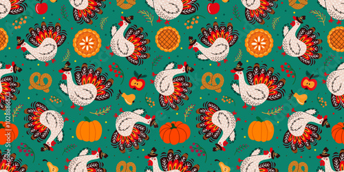 Cartoon turkey and various Thanksgiving celebration food forming seamless pattern