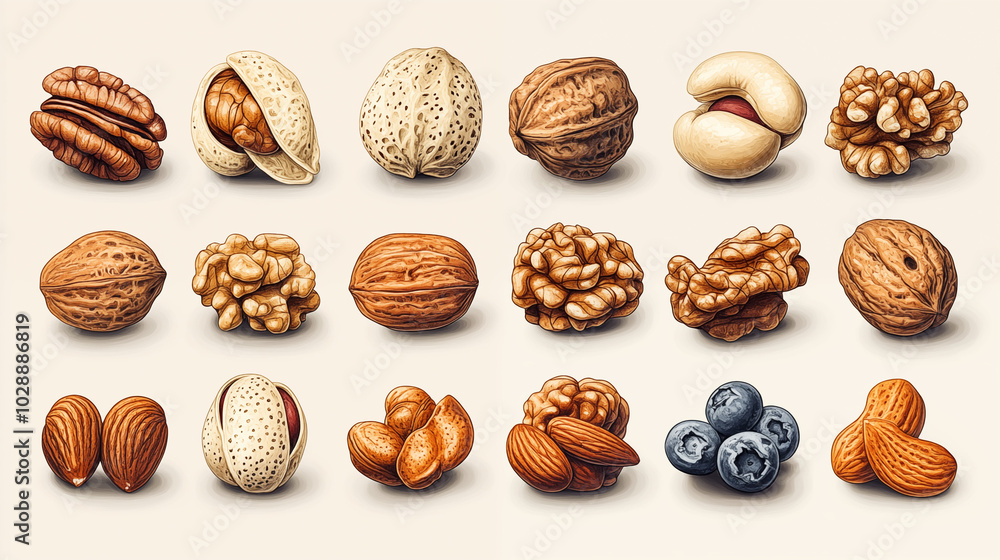 Assorted nuts and seeds collection, healthy snack variety on white background Assorted nuts and seeds collection, healthy snack variety on white background
