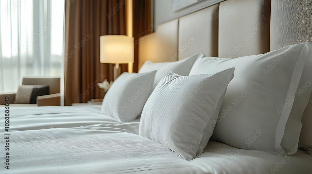 Cozy hotel room with neatly arranged pillows and soft lighting. Cozy hotel room with neatly arranged pillows and soft lighting.