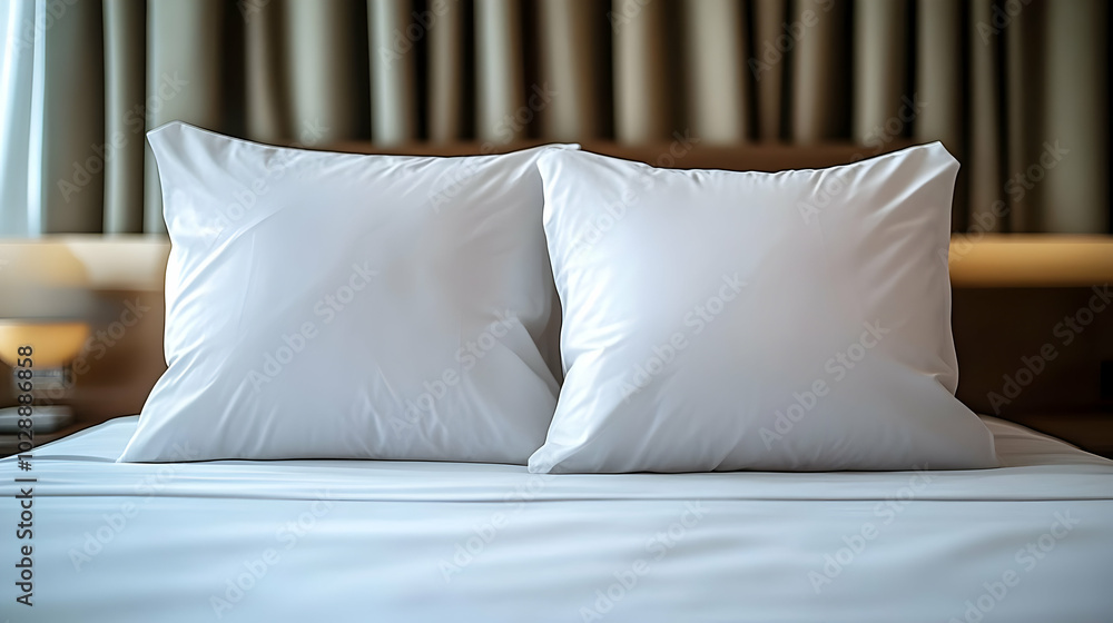 Neatly arranged white pillows on a bed in a cozy room. Neatly arranged white pillows on a bed in a cozy room.