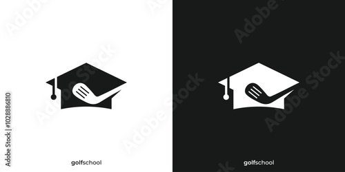 Golf School Logo. Graduate Hat and Golf Stick with Minimalist Style. Golf Academy Logo, Icon, Symbol, Vector, Design Inspiration.