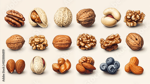 Assorted nuts and seeds collection, healthy snack variety on white background