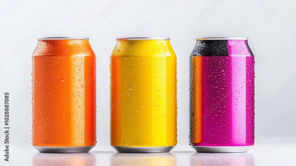 Cold Soda Cans with Water Drops Orange Yellow Purple Cold Soda Cans with Water Drops Orange Yellow Purple