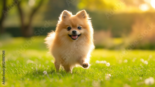 Cutest pomeranian dog enjoy running in the beautiful garden with kid. Generative AI Illustration.