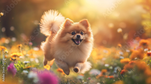 Cutest pomeranian dog enjoy running in the beautiful garden with kid. Generative AI Illustration.