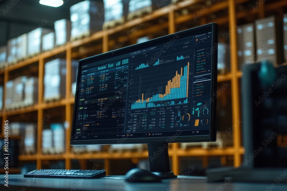 data analysis dashboard displayed in monitor with industrial setting data analysis dashboard displayed in monitor with industrial setting