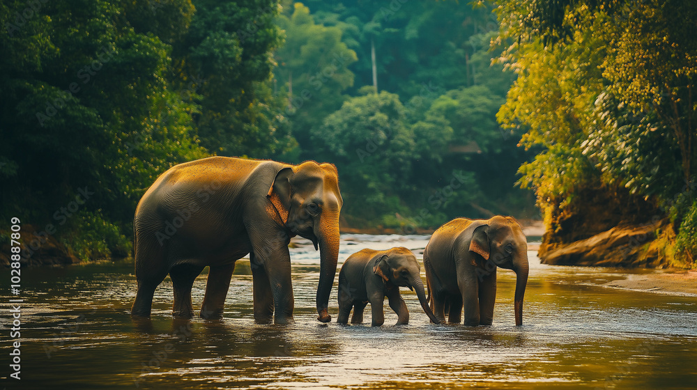 The elephant and baby elephants living in the wild, with the rivers and streams as the backdrop. Generative AI Illustration. The elephant and baby elephants living in the wild, with the rivers and streams as the backdrop. Generative AI Illustration.