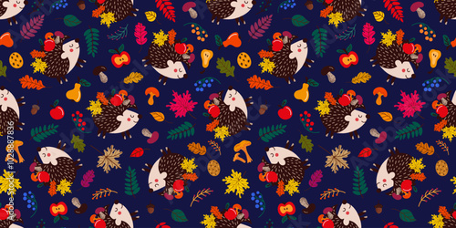 Background of cute hedgehogs among autumn leaves and fruits with mushrooms on blue background 