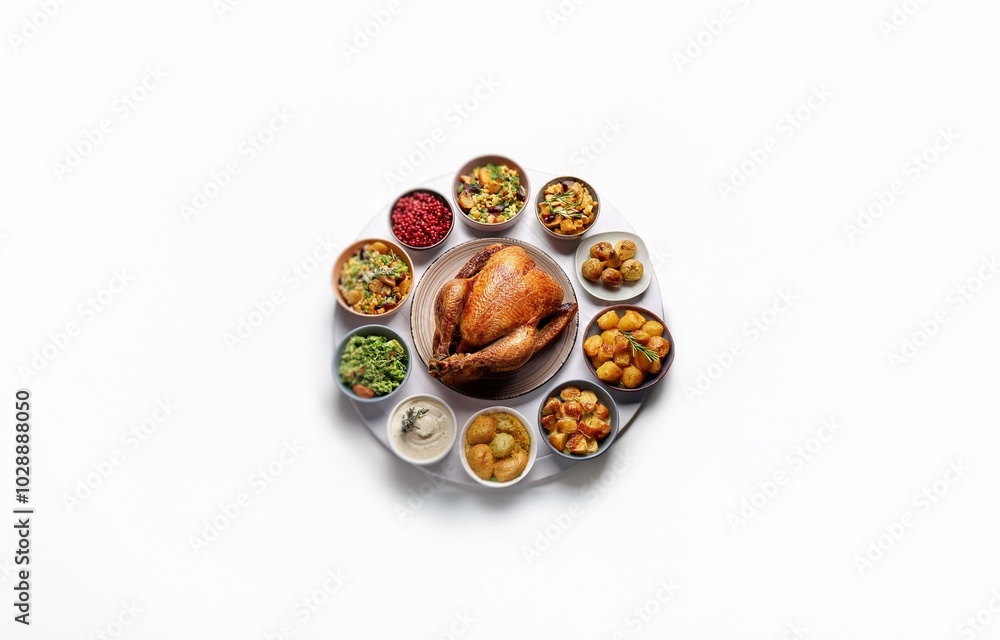 A roasted chicken on a plate surrounded by bowls of various side dishes. A roasted chicken on a plate surrounded by bowls of various side dishes.