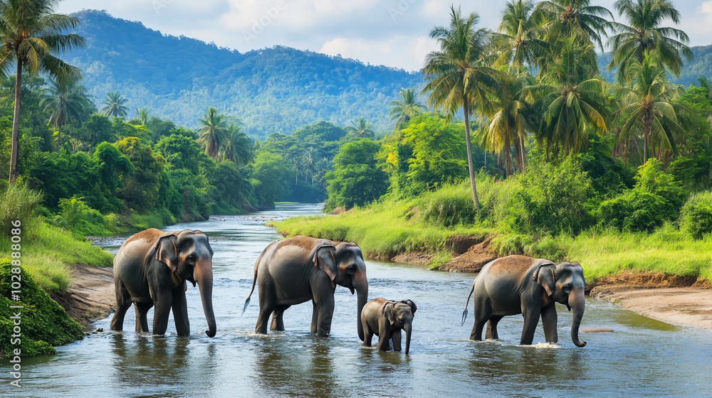 Fototapeta premium The elephant and baby elephants living in the wild, with the rivers and streams as the backdrop. Generative AI Illustration.