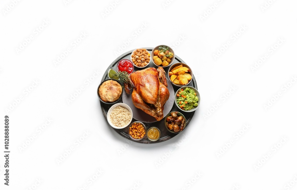A roasted chicken surrounded by a variety of side dishes on a round serving tray. A roasted chicken surrounded by a variety of side dishes on a round serving tray.