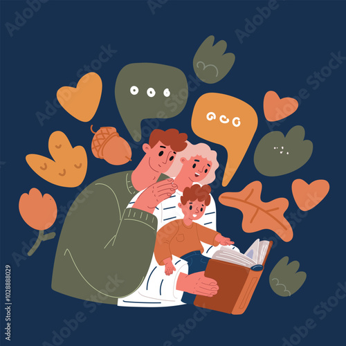 Cartoon vector illustration of a father and mother reading a book aloud to their young son