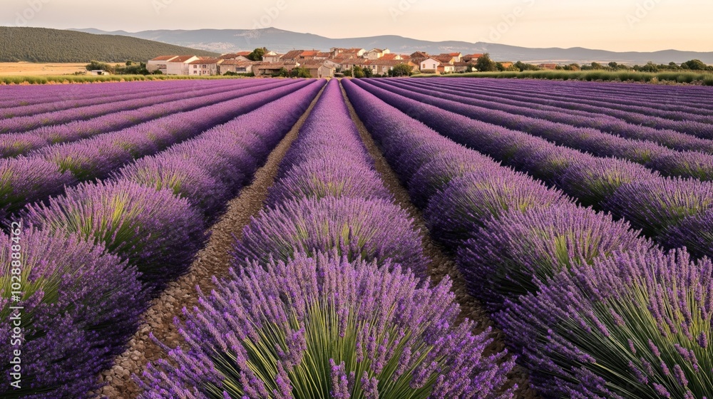 Obraz premium Lavender fields in full bloom with rows of purple flowers stretching towards a distant village under a clear sky and mountain backdrop.