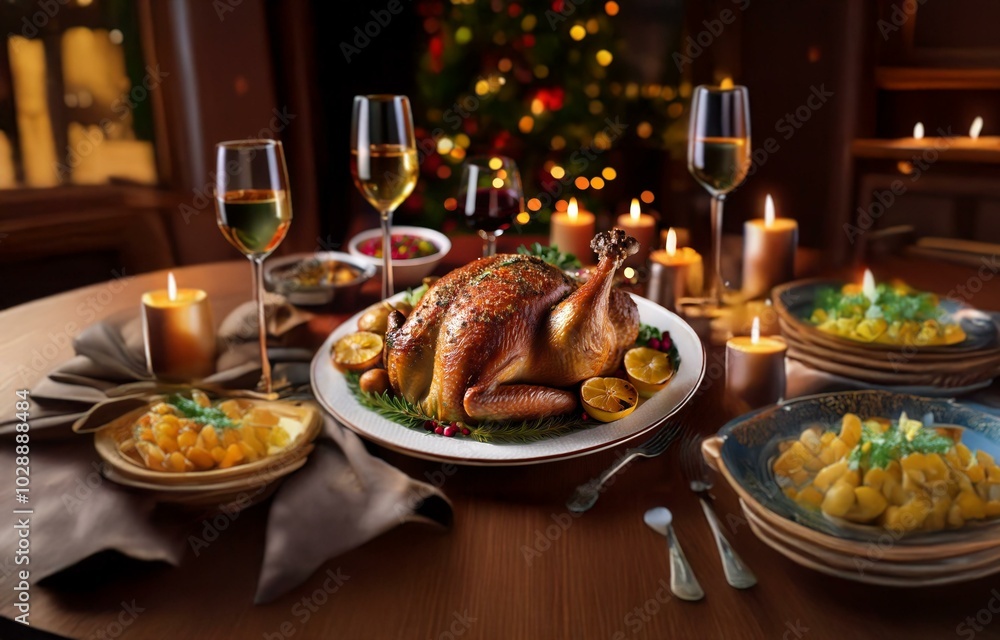 A roasted turkey with lemon wedges and rosemary sits on a platter with a blur of a Christmas tree in the background. A roasted turkey with lemon wedges and rosemary sits on a platter with a blur of a Christmas tree in the background.