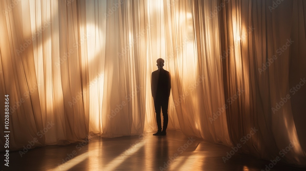 An empty scene featuring a shadowy figure silhouetted behind translucent curtains, creating an ideal product mockup space, An empty scene featuring a shadowy figure silhouetted behind translucent curtains, creating an ideal product mockup space,