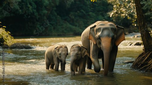 The elephant and baby elephants living in the wild, with the rivers and streams as the backdrop. Generative AI Illustration. photo