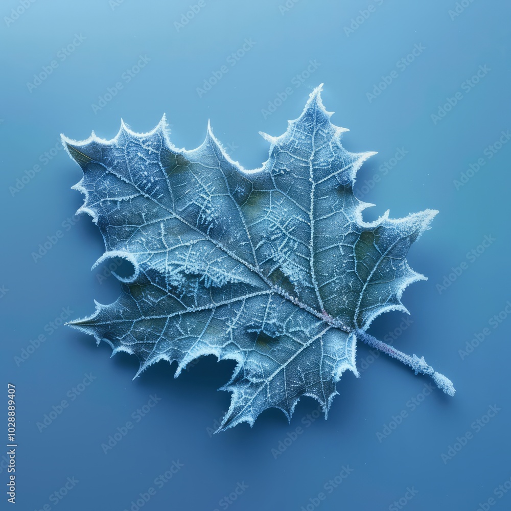 Fototapeta premium Intricate frost patterns adorn a single holly leaf isolated on a frosty blue gradient background