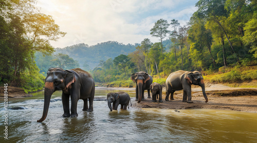 The elephant and baby elephants living in the wild, with the rivers and streams as the backdrop. Generative AI Illustration. photo