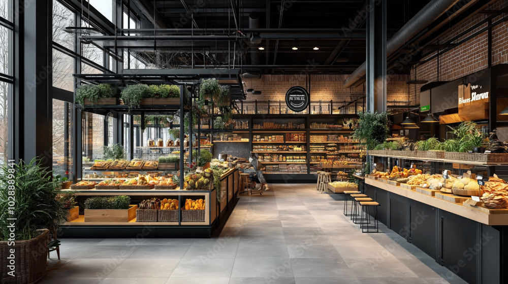 Modern bakery interior with a variety of bread and pastries displayed on large wooden shelves and counters. The space features industrial design with brick walls and large windows. Modern bakery interior with a variety of bread and pastries displayed on large wooden shelves and counters. The space features industrial design with brick walls and large windows.