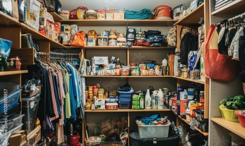 Overstuffed pantry with food, cleaning supplies, and clothes.