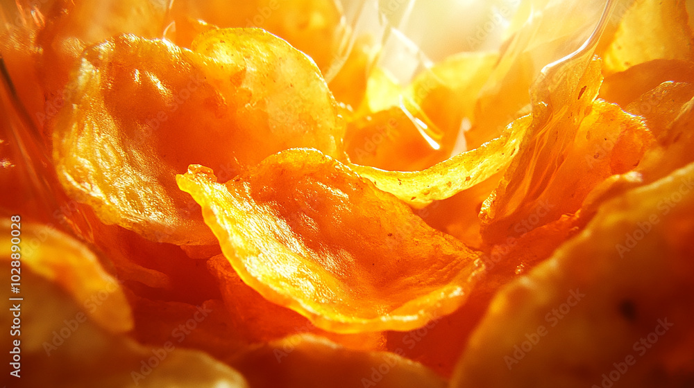 Close-up of crunchy potato chips in a snack bag Close-up of crunchy potato chips in a snack bag