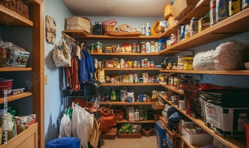 Overstuffed pantry shelves with food and other items.