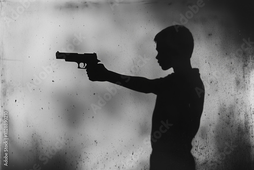 A young boy holding a gun pointing to someone act as killer