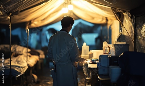 Person in white gown working inside a tent.