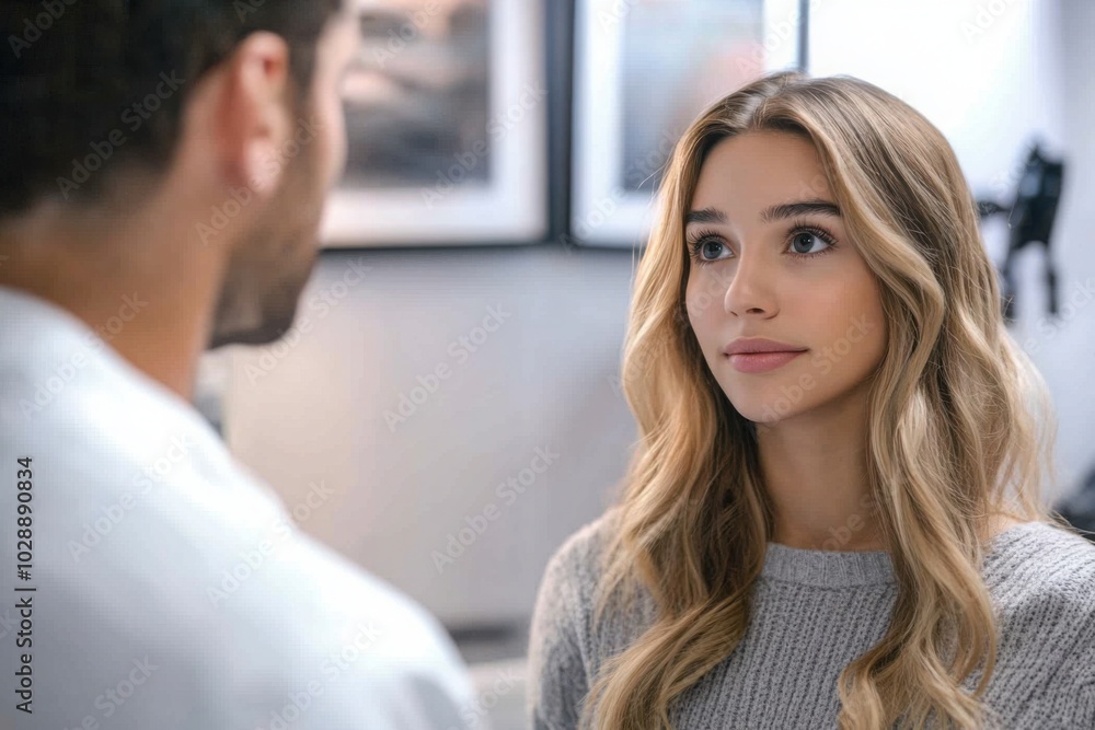 Young woman in a calm conversation with doctor Young woman in a calm conversation with doctor