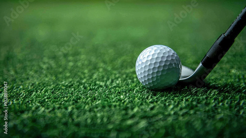 close up of golf ball positioned on lush green grass, ready for perfect shot. scene captures anticipation and focus of game, highlighting details of ball and club