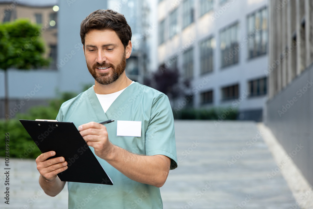 Man doctor with beard holding clipboard with medical documents posing near modern clinic Man doctor with beard holding clipboard with medical documents posing near modern clinic