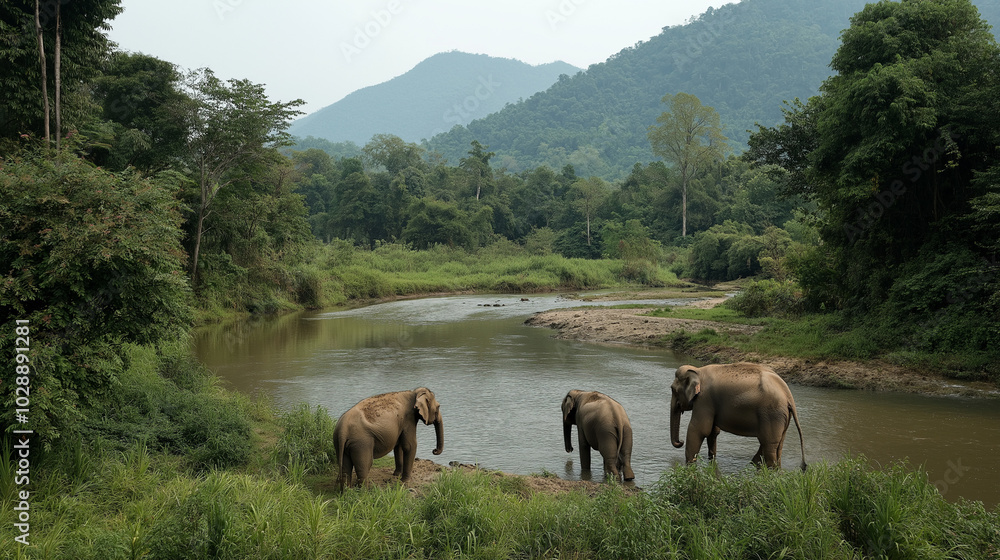 The elephant and baby elephants living in the wild, with the rivers and streams as the backdrop. Generative AI Illustration. The elephant and baby elephants living in the wild, with the rivers and streams as the backdrop. Generative AI Illustration.