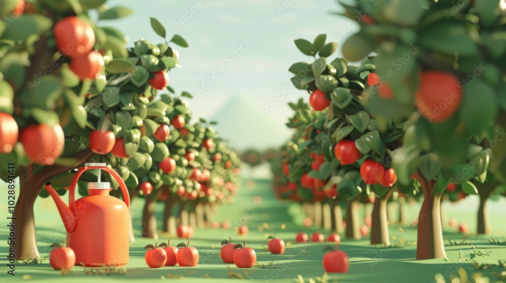 Minimalist 3D Orchard with Sprayers and Red Apples Minimalist 3D Orchard with Sprayers and Red Apples