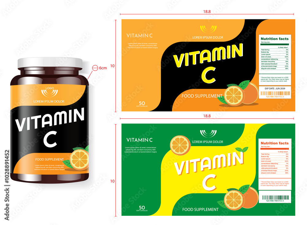 Poster Vitamin C Supplement Bottle Label and Packaging Design Mockup ...