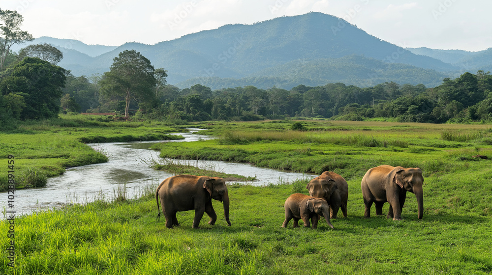 The elephant and baby elephants living in the wild, with the rivers and streams as the backdrop. Generative AI Illustration. The elephant and baby elephants living in the wild, with the rivers and streams as the backdrop. Generative AI Illustration.
