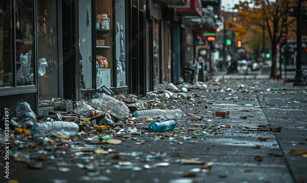 Trash and debris scattered on a sidewalk. Trash and debris scattered on a sidewalk.
