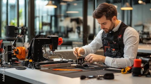 Industrial Sewing Machine Operator Working in Workshop