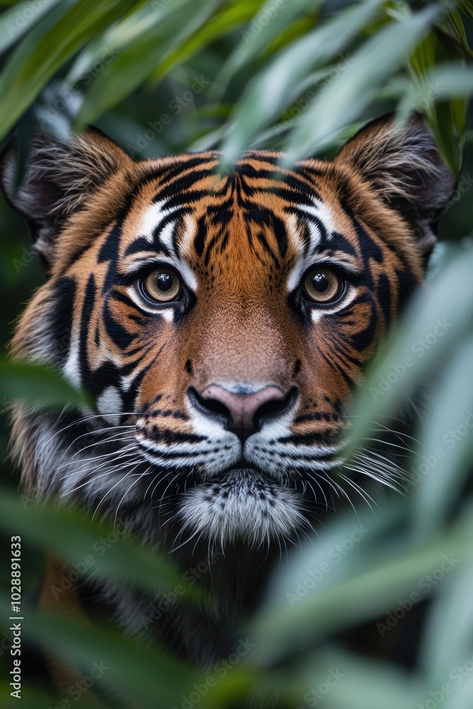 Majestic Tiger Peering Through Lush Greenery in a Dense Jungle Setting Capturing the Essence of Wildlife and Nature's Beauty Majestic Tiger Peering Through Lush Greenery in a Dense Jungle Setting Capturing the Essence of Wildlife and Nature's Beauty
