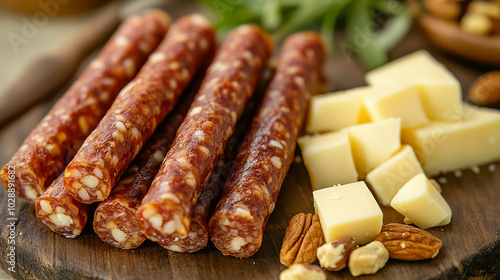 Close-up of dried sausage sticks with cheese and nuts photo