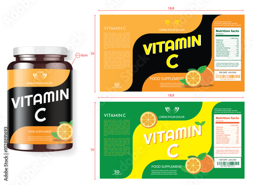 Vitamin C Supplement Bottle Label and Packaging Design Mockup with a phi measurement guide to find the diameter and circumference of the bottle circle. 