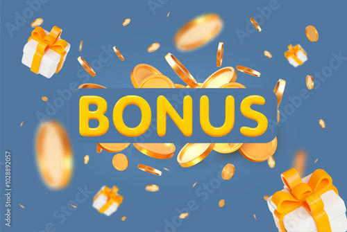 3d Bonus text and explosion gold shiny coins with flying gift box on blue isolated background. Rich or casino luck concept. Precious expensive treasure. Stock vector illustration.